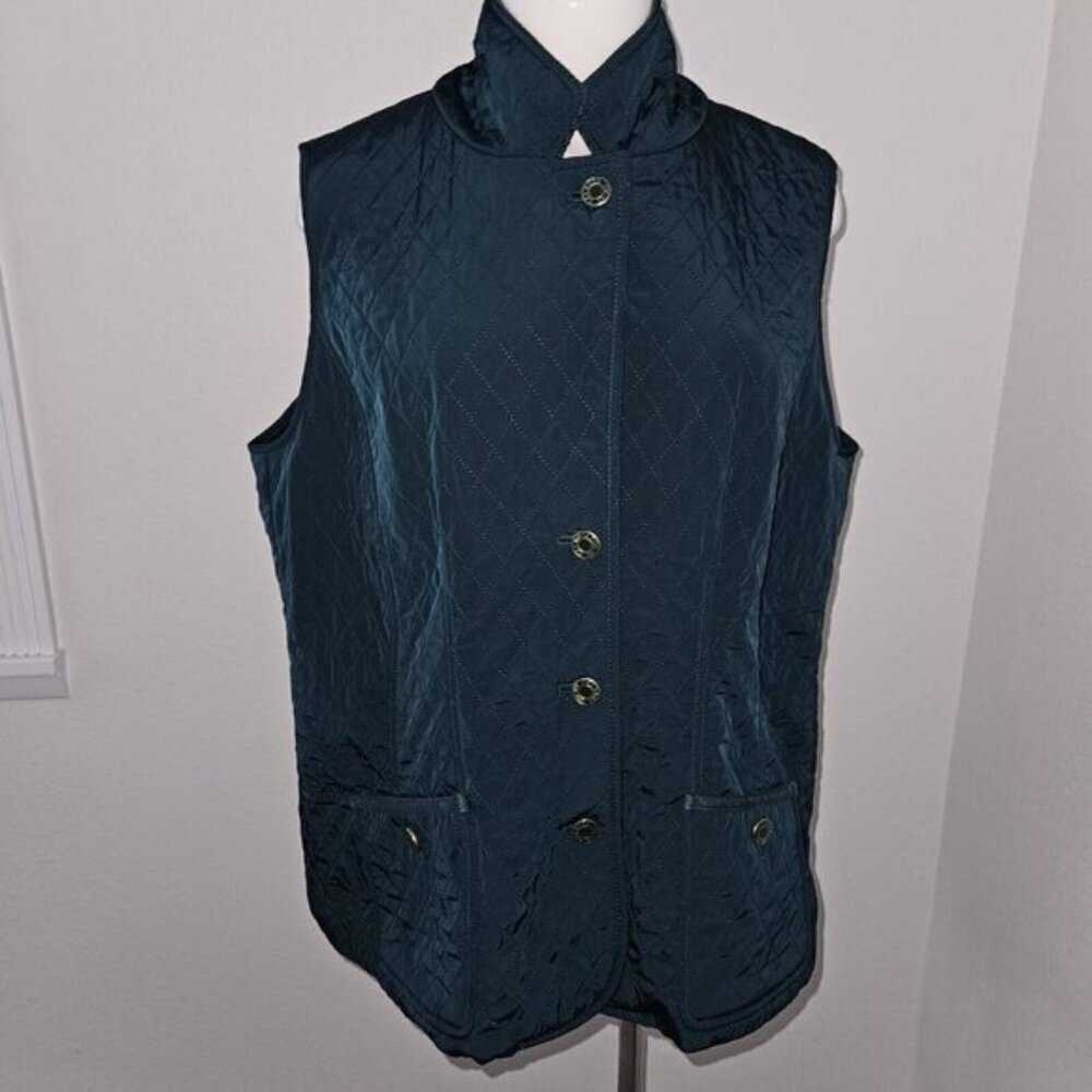 Talbots Woman Green Quilted Vest 1X Button Front Pockets